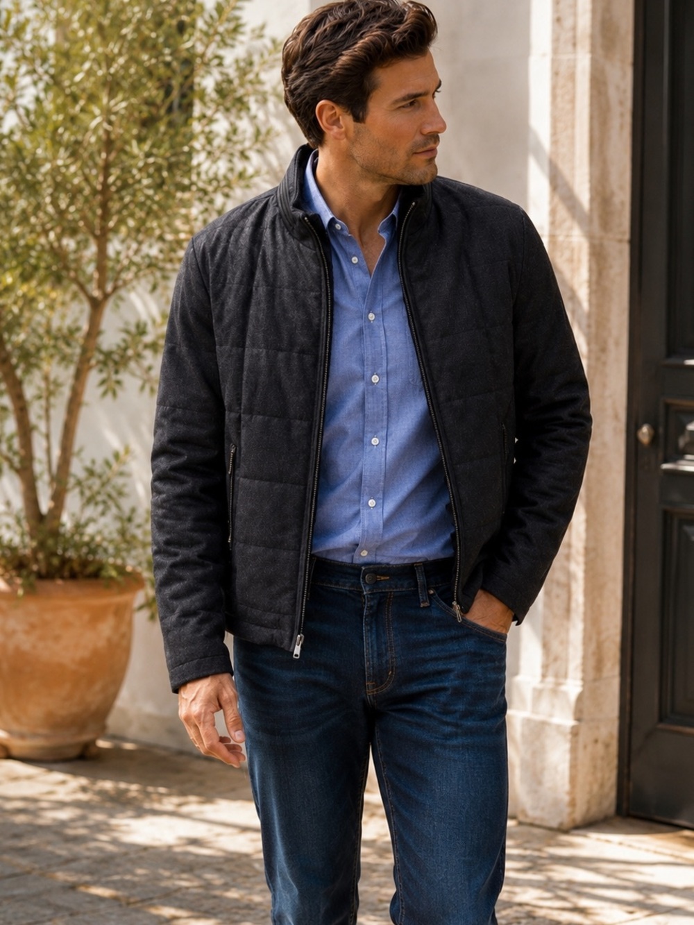 Peter Millar Collection Charcoal Quilted Wool Cashmere Jacket Leather Trim Large